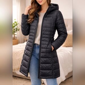 CalvinKlein Lightweight Quilted Hooded Puffer Coat Black DownBlend Jacket Size L